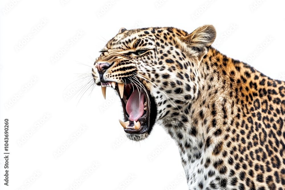 Fototapeta premium Panthera pardus looking at camera, roaring leopard or cheetah in a transparent background