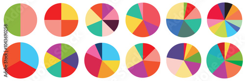 Circle division infographic icon set. Pie chart divided 4,5,6  parts. Color pizza or donut round diagram. Infographic wheel segment and fraction. Vector illustration isolated on white background.