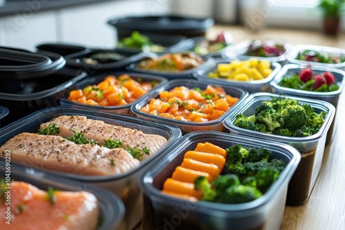 Healthy meal prep containers filled with colorful vegetables and proteins, ideal for nutritious eating and lifestyle planning. photo