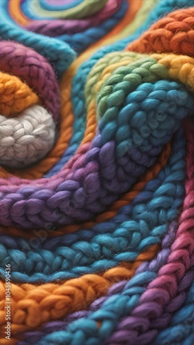 Vibrant and Soft Braided Yarn Textures Intertwined in a Colorful, Detailed Close-up of Fiber Art Design photo