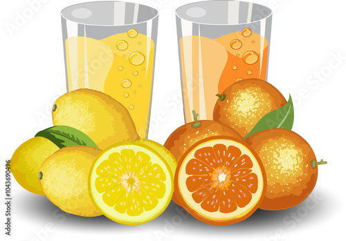 Illustration with oranges and lemons.Lemons, oranges and juice in glasses on a transparent background in color vector illustration.