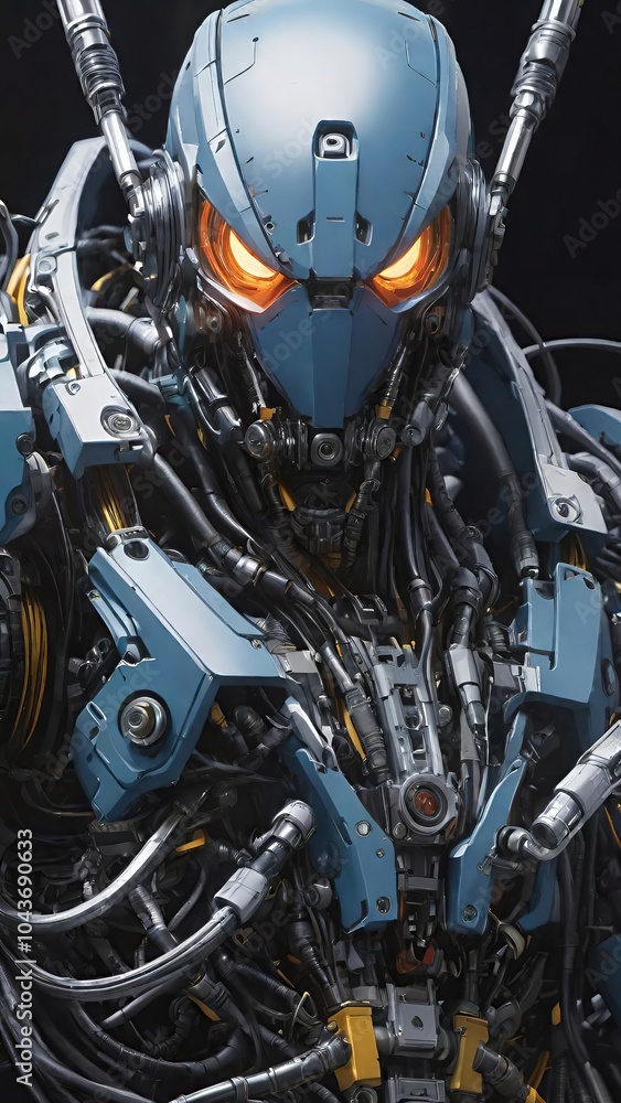 Fototapeta premium A highly detailed, futuristic robot with glowing red eyes, showcasing intricate mechanical components and advanced cybernetic design