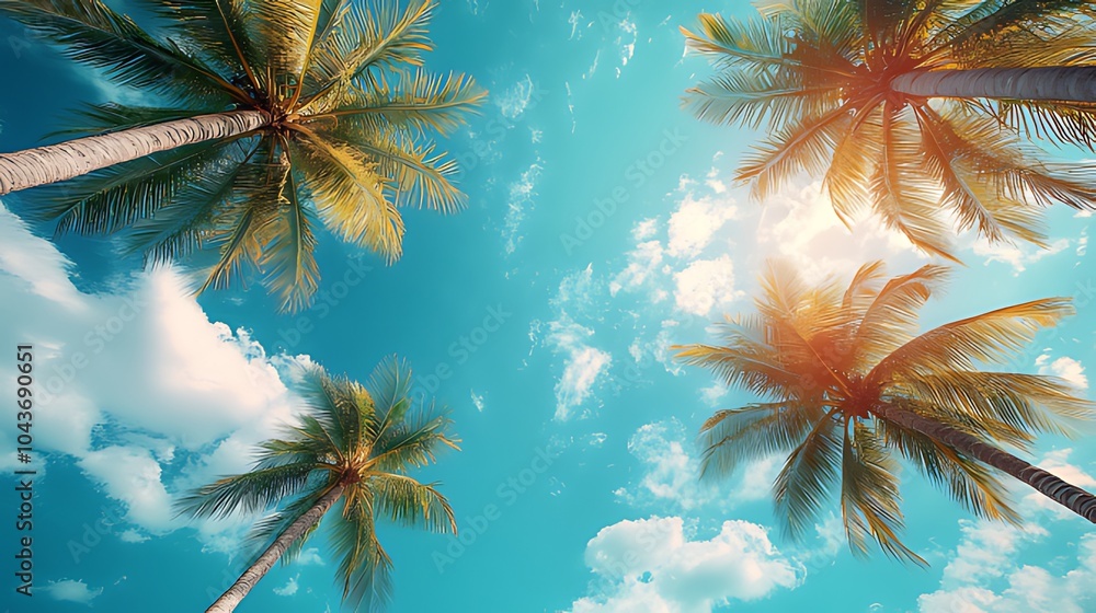 Palm trees against a bright blue sky with white clouds. Palm trees against a bright blue sky with white clouds.