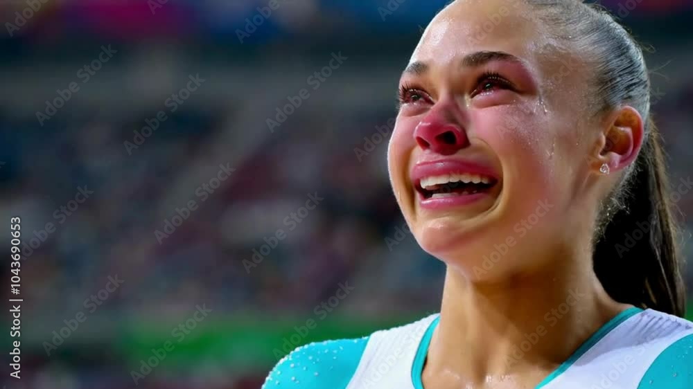 Close-up of a Young Athlete Woman Crying Tears of Joy