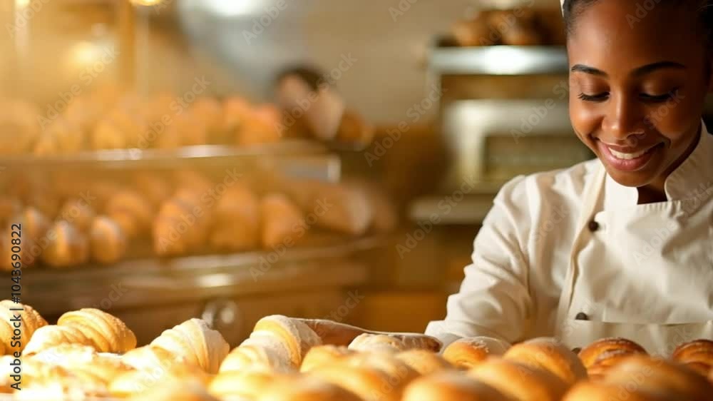 Cheerful female African American baker arranging freshly baked bread on display. Smiling baker working with warm golden pastries in bakery. Cheerful female African American baker arranging freshly baked bread on display. Smiling baker working with warm golden pastries in bakery.