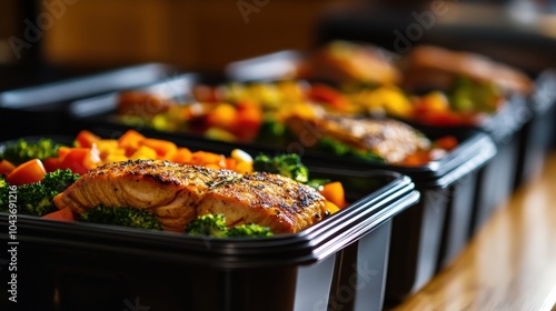 Healthy meal prep containers filled with grilled salmon, vegetables, and greens on a wooden surface. photo