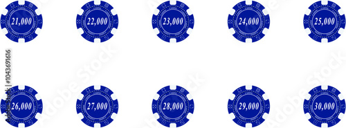 Casino, Poker, Gambling Betting Chip Token or coin vector isolated on white background. Realistic casino chips. Poker chips color vector collection. Poker gambling bet : 1 to 90000$. Vector