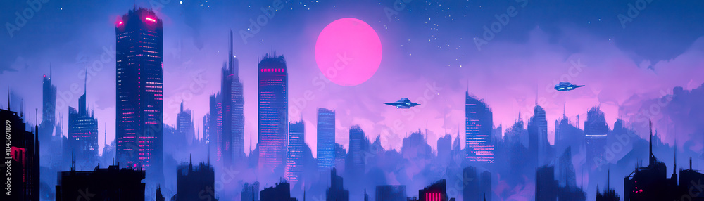 Fototapeta premium Futuristic city skyline at dusk with vibrant colors, including skyscrapers silhouetted against a pink and purple sky, creating a stunning atmosphere of urban beauty.