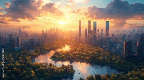 The sun sets dramatically over a vibrant city skyline, casting warm hues on the river below. Lush greenery surrounds the water, showcasing the blend of nature and urban life during twilight.