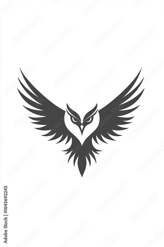 A minimalist logo featuring a sleek owl silhouette with its wings spread wide, exuding power and precision through bold, angular lines, isolated on a clean white background A minimalist logo featuring a sleek owl silhouette with its wings spread wide, exuding power and precision through bold, angular lines, isolated on a clean white background