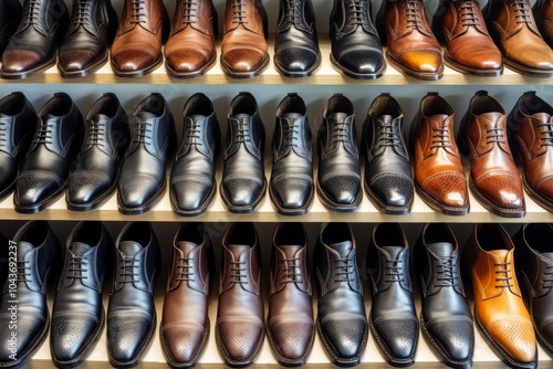 Row of polished leather shoes neatly arranged on shelves in a men’s boutique showcasing timeless elegance and classic fall menswear trends