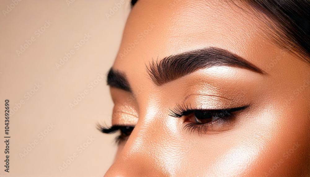 Fototapeta premium Closeup of neat perfect eyebrows and natural makeup on a young adult diverse ethnicity woman’s face, professional beauty salon setting - beauty and cosmetic treatment theme a plain neutral background