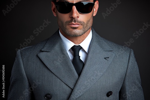 Confident man in a double breasted gray suit wearing sunglasses standing against a dark background blending classic menswear with modern fall fashion elements photo