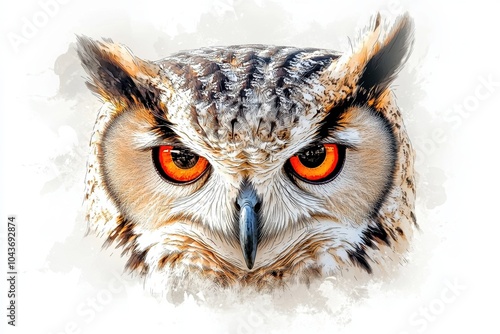 A stylized close-up of an owl’s face with vibrant orange eyes, emphasizing its fierce gaze and intricate feather details in an artistic representation photo