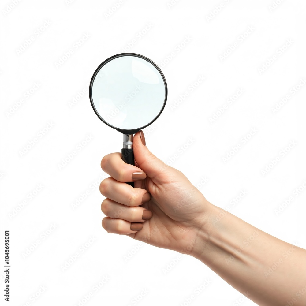 hand holding magnifying glass, isolated on white, mockup hand holding magnifying glass, isolated on white, mockup