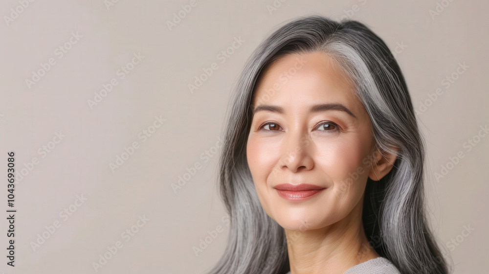 Graceful Aging of a Smiling Asian Woman, showcasing smooth skin and long gray hair, embodying beauty and confidence in her mature years through self-care and positivity Graceful Aging of a Smiling Asian Woman, showcasing smooth skin and long gray hair, embodying beauty and confidence in her mature years through self-care and positivity