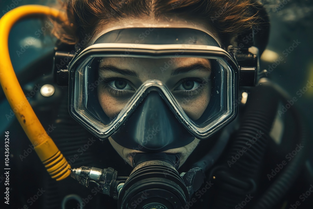 A deepsea diver in her 30s adjusting her gear, ready to dive into intense underwater work A deepsea diver in her 30s adjusting her gear, ready to dive into intense underwater work