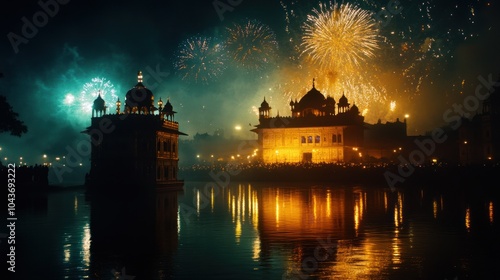 Grand Temple Silhouette Against Diwali Fireworks and River Reflections photo