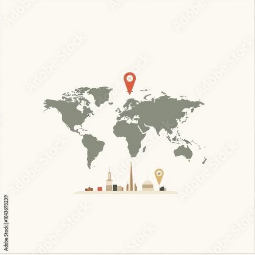 The illustration highlights key global travel destinations using map pins on a minimalist world map outline for explorers and travelers. Generative AI photo