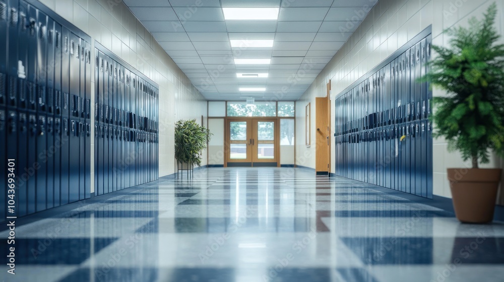 A school hallway with lockers and a potted plant, conveying an educational environment. A school hallway with lockers and a potted plant, conveying an educational environment.