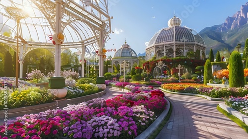 A vibrant garden with blooming flowers and elegant glass structures under a sunny sky.