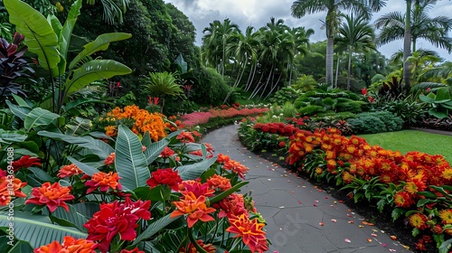 A vibrant garden path lined with colorful flowers amidst lush greenery and palm trees.