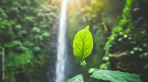 A vibrant green leaf in focus with a waterfall cascading in the background.