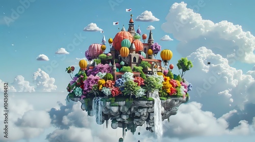 A vibrant floating island with colorful buildings, flowers, and waterfalls against a blue sky.