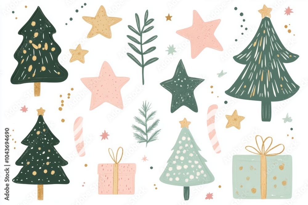 Stylish Clip Art Set with Cute Hand-drawn Christmas Trees, Presents, and Stars in Pastel Tones on White Background for Greeting Cards and Stationery Design Stylish Clip Art Set with Cute Hand-drawn Christmas Trees, Presents, and Stars in Pastel Tones on White Background for Greeting Cards and Stationery Design