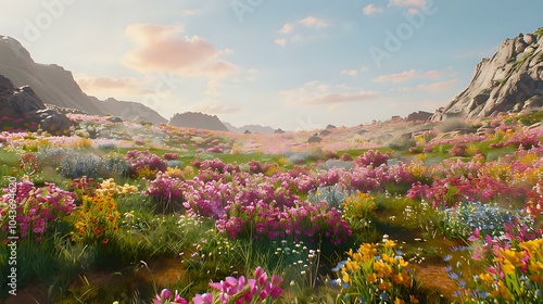 A vibrant flower-filled landscape under a clear sky with mountains in the background.