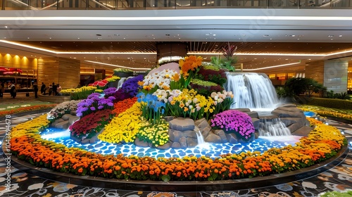 A vibrant floral display with a waterfall, showcasing colorful flowers and a serene atmosphere.