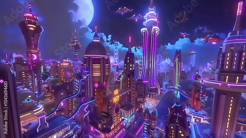 A vibrant futuristic cityscape illuminated by neon lights under a starry sky.