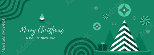 Merry Christmas and Happy New Year modern banner. Christmas Tree and Snowflake on Green Background. Vector Illustration.