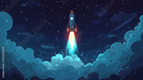 A space rocket taking off, greenish blue background with clouds and stars. Innovation and startup concept. Space technology, rocket science, cosmic exploration.
 photo