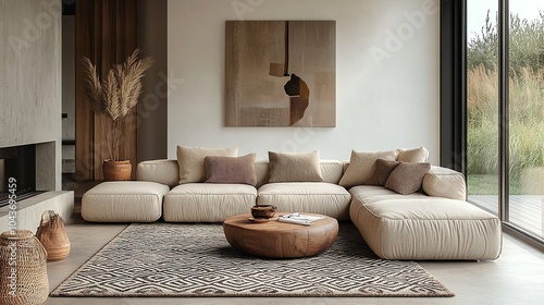 Minimalist living room with a cozy neutraltoned sofa, geometric patterned rug, and a few wellplaced decor items, balanced simplicity, modern warmth