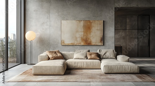 Minimalist living room with a cozy beige sofa, abstract art on the walls, and minimal decor, warm tones, modern simplicity