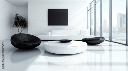 Minimalist living room with a monochromatic palette, featuring black and white furniture and simple lines, minimalist contrast, sleek design