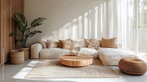 Minimalist living room with a Scandinavianinspired aesthetic, featuring natural wood accents, soft textiles, and neutral tones, Nordic design, modern calm