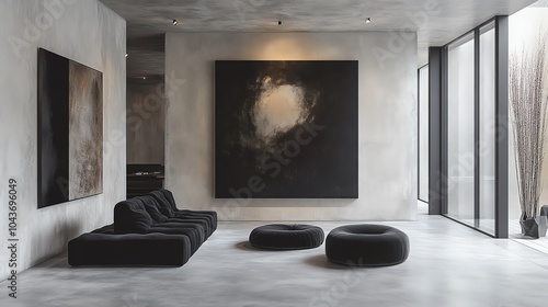 Minimalist living room with sleek black furniture, a large abstract painting, and concrete floors, urban sophistication, modern simplicity