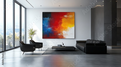 Minimalist living room with sleek black furniture, a large abstract painting, and concrete floors, urban sophistication, modern simplicity