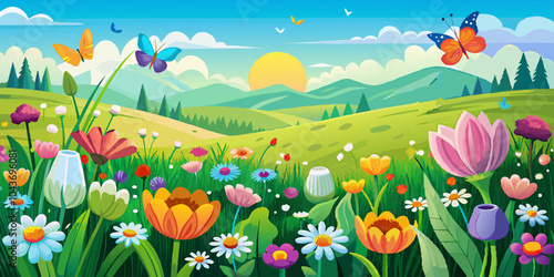 A natural landscape vector illustration of a colorful meadow of wildflowers and butterflies.