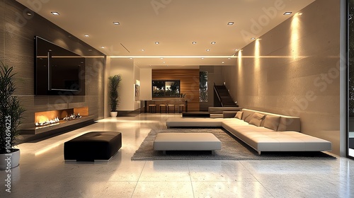 Minimalist modern living room with soft gray walls, lowprofile furniture, and minimal decor accents, sleek design, contemporary calm