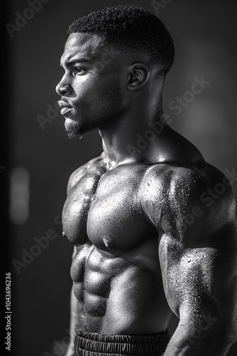 black and white portrait of a muscular sweaty man  in profile  after workout  bodybuilding  fitness  muscles  strength