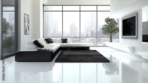 Modern living room with minimalist black and white decor, a few wellplaced plants, and sleek furniture, urban minimalism, contemporary living