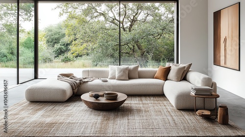 Modern living room with minimalist decor, featuring a beige sofa, abstract wall art, and minimal lighting, modern sophistication, minimalist chic