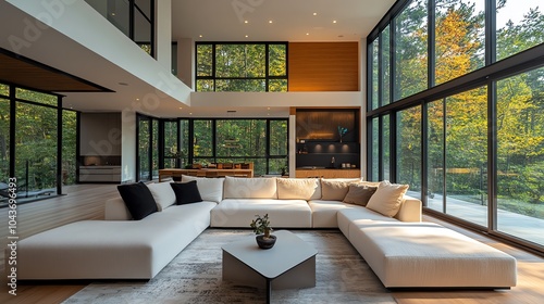 Modern living room with minimalist decor, featuring a beige sofa, abstract wall art, and minimal lighting, modern sophistication, minimalist chic