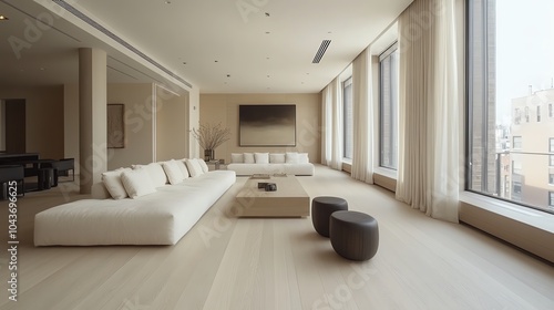 Openplan minimalist living room with light wood flooring, neutral colors, and a single statement piece of artwork, modern simplicity, minimalist decor