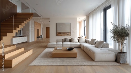 Openplan minimalist living room with light wood flooring, neutral colors, and a single statement piece of artwork, modern simplicity, minimalist decor