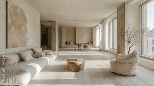 Openplan minimalist living room with light wood flooring, neutral colors, and a single statement piece of artwork, modern simplicity, minimalist decor