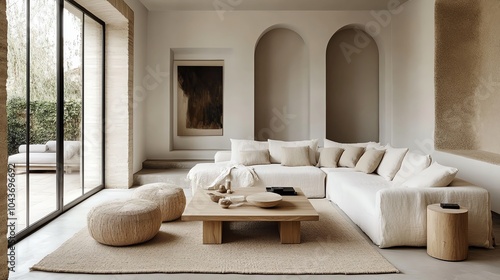 Scandinavianinspired minimalist living room with light wood furniture, a cozy white sofa, and simple decor accents, Nordic minimalism, clean design